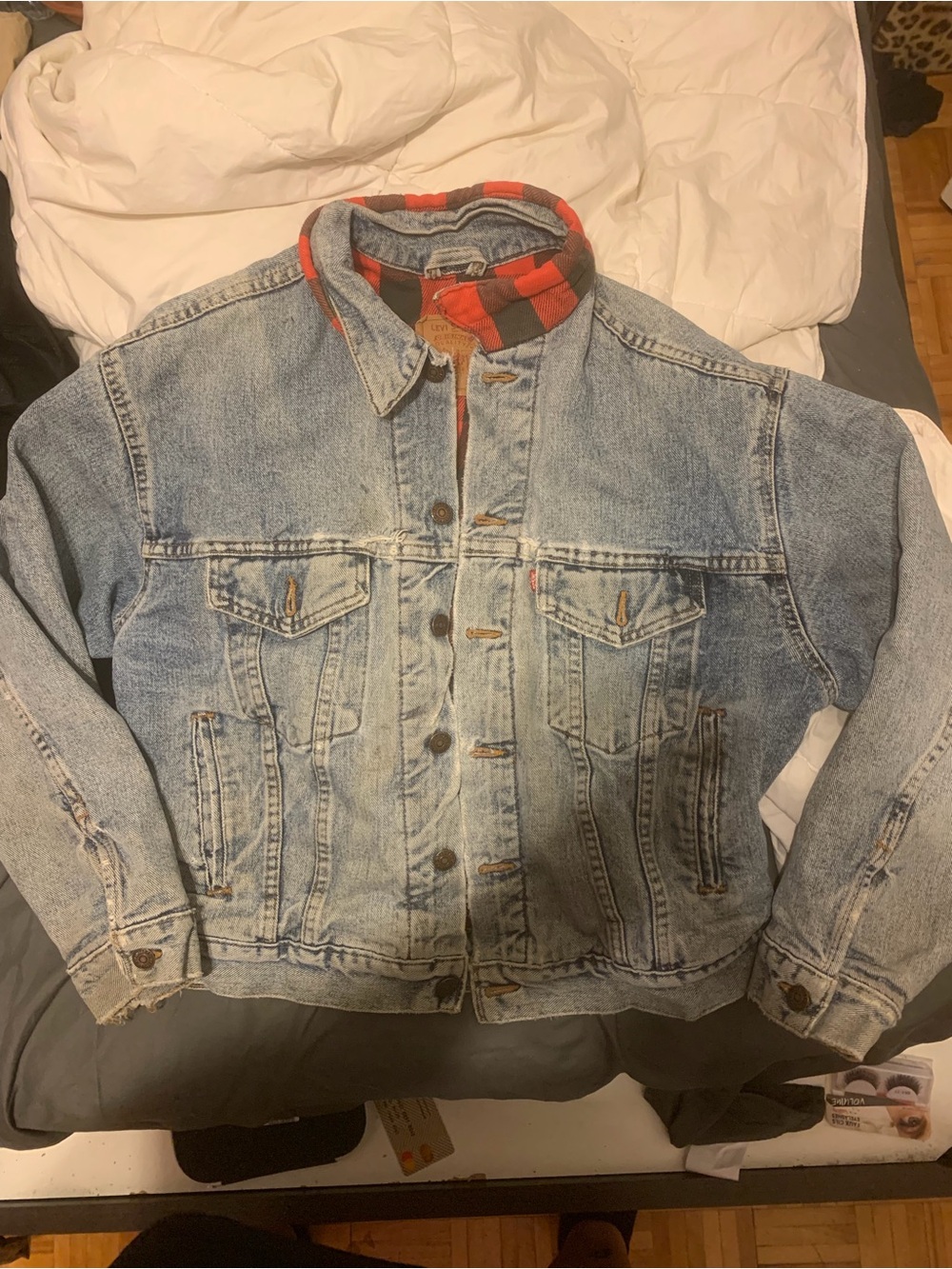Vintage Levis Light Wash Denim Jacket with Red Plaid Lining